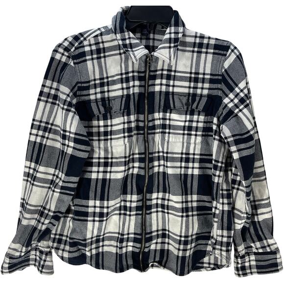 Chaps Shirt Jacket Shacket Womens Size L Black White Plaid Full Zip 100% Cotton - Picture 1 of 5